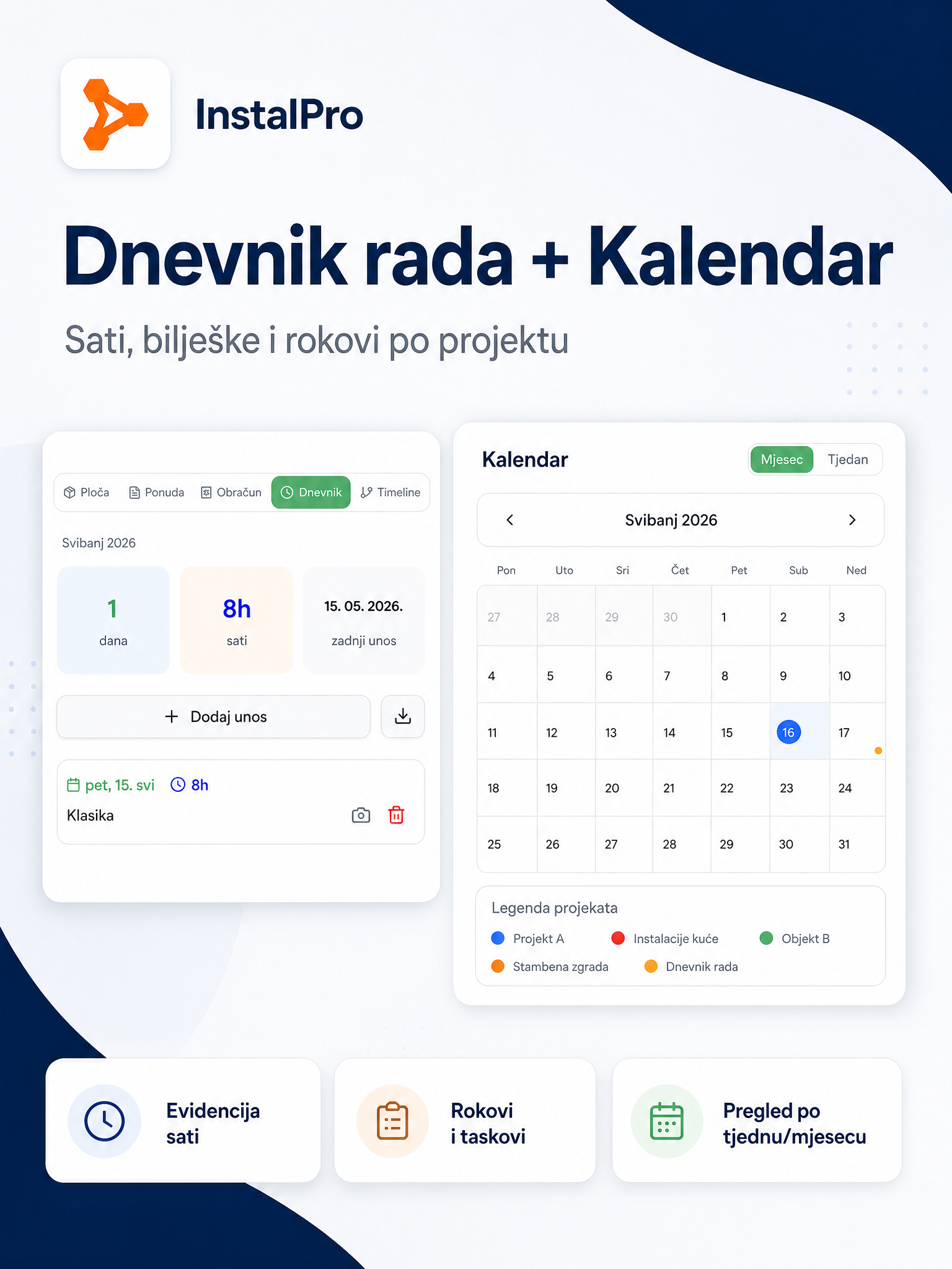 Dnevnik rada i kalendar — sati, bilješke i rokovi po projektu